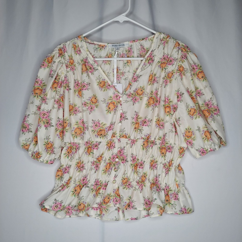 Rose Olive Crop Top Women XS Empire Smock Bishop Tier Cottagecore Farmhouse